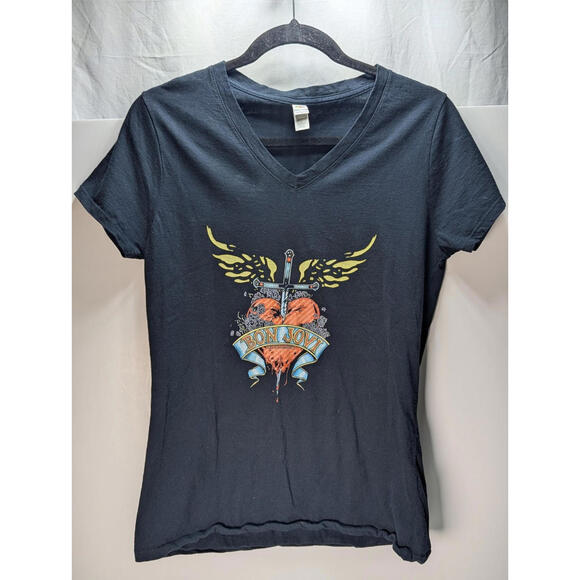 Fruit of the Loom Other - Womens Bon Jovi T-Shirt V Neck Bleeding Heart Wings Dagger Black Size L Rock